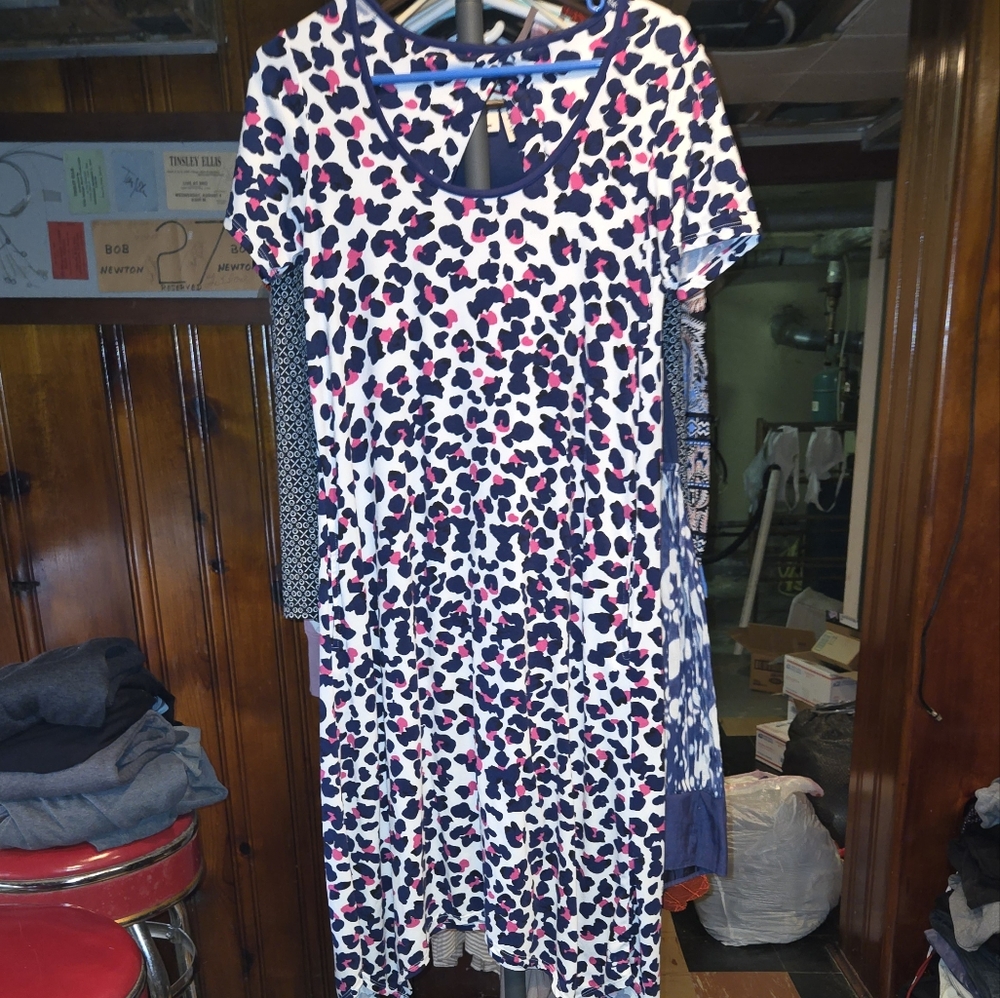 Cuddl Duds Chic Leopard Print Dress Navy Blue Hot Pink Misses Petite Small Nwot